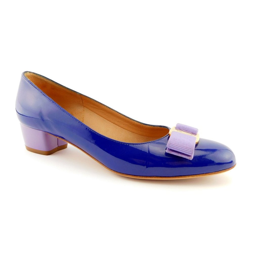 FERRAGAMO Vara Logo Bow Brilliant Blue & Lavender Patent Block Heel Pumps 6.5 - Picture 13 of 13